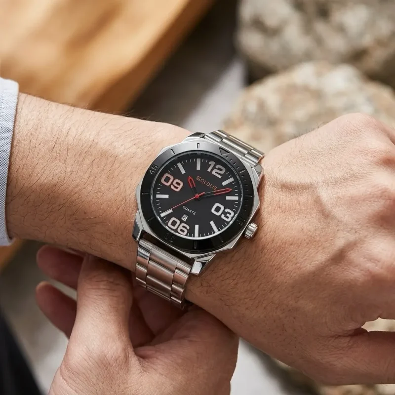 Ανδρικό ρολόι Quartz της μάρκας Goldis με ασημί μεταλλικό μπρασελέ και μαύρο καντράν - HLW-24032